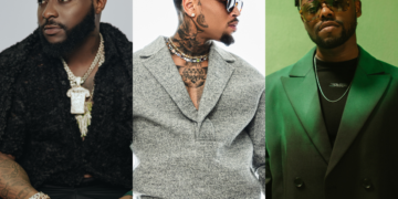 A side-by-side photo of artists Davido, Chris Brown and LoJay, who collaborated on "Sensational"